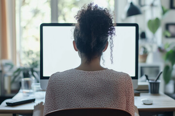Poster - woman with long hair is sitting in front of a computer monitor. She is wearing a white shirt and has her hair in a bun. The room has a few potted plants and a book on a shelf