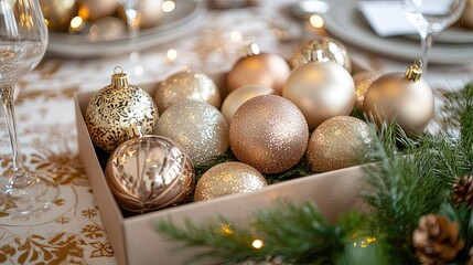 Wall Mural - open box full of hygge Christmas baubles, glitter and red, gold, green colors, on a table with satin tablecloth with hygge Christmas pattern