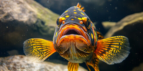 Wall Mural - An orange and black peacock bass fish with yellow polka dots in water near rocks, generative AI