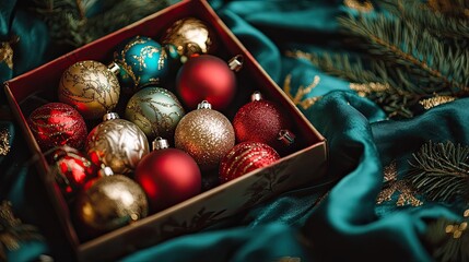 Wall Mural - open box full of hygge Christmas baubles, glitter and red, gold, green colors, on a table with satin tablecloth with hygge Christmas pattern