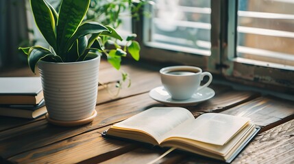 Canvas Print - A contemporary sleek desk a book and coffee make up a comfortable home workplace