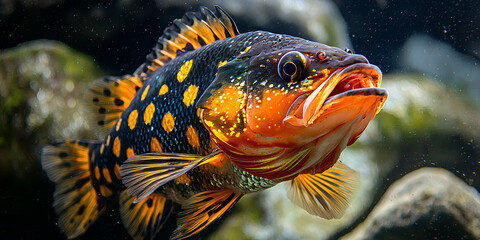 Wall Mural - An orange and black peacock bass fish with yellow polka dots in water near rocks, generative AI