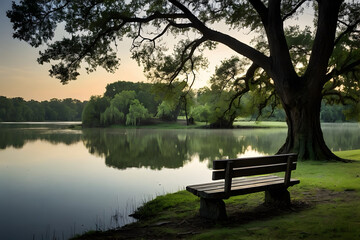 A lonely bench beside a tranquil lake