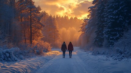 Two people in red jackets walking on a snow-covered path in a winter forest with red leaves.