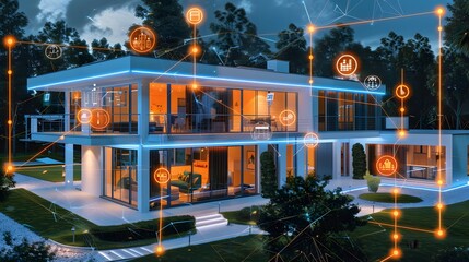 Poster - a smart building with automated energy management systems optimizing usage and reducing peak loads, including control interfaces and energy dashboards