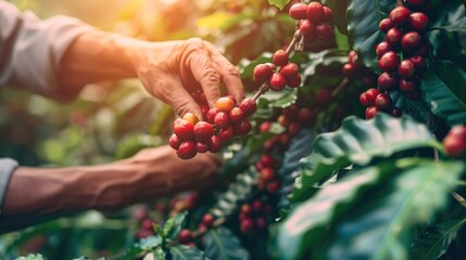 Old man 's hand picking Arabica coffee berries or Robusta berries in coffee harvesting. Generative AI, AI generated for Ads