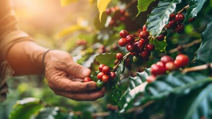 Old man 's hand picking Arabica coffee berries or Robusta berries in coffee harvesting. Generative AI, AI generated for Ads