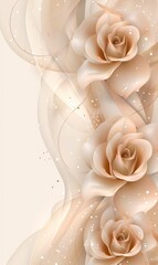 An elegant wedding card background with a sophisticated floral border of roses and leaves, gold lines, and a marble abstract background