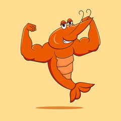 Graphic vector illustration of a muscular shrimp character with a big smile