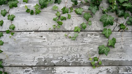 Wall Mural - Close-up of a textured gray and white wooden wall with vines and green leaves, evoking freshness.