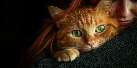 Portrait of an orange cat with green eyes in the arms of his owner, generative AI