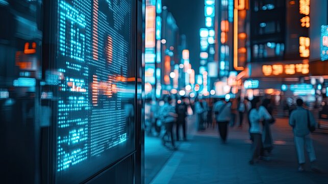 A busy urban street with people gazing at a brightly lit digital stock market board. The background is blurred to emphasize the display and leave space for text.