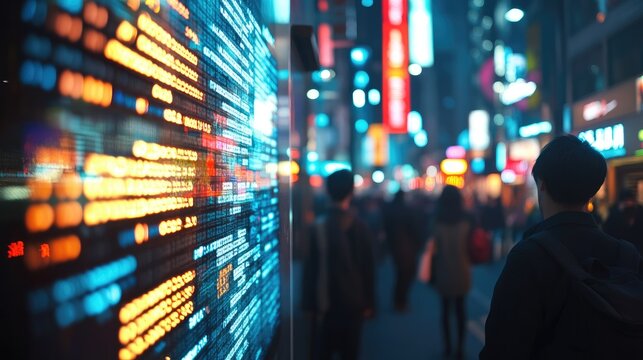 A busy urban street with people gazing at a brightly lit digital stock market board. The background is blurred to emphasize the display and leave space for text.