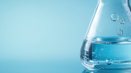 A close-up of a beaker and flask filled with clear water, set against a blue laboratory background. The upper portion is clear for text placement.