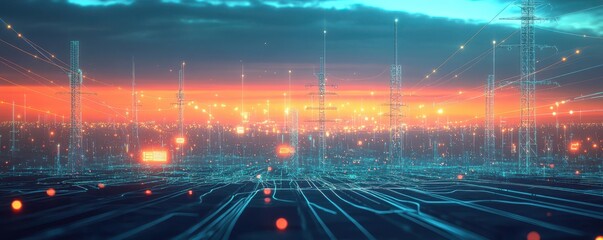 Poster - Panoramic 3D view of telephone lines over a digital grid, with cables transforming into data streams, merging the physical world with digital networks 