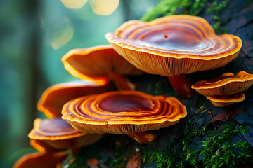 Wall Mural - Flat mushrooms. Background with selective focus and copy space