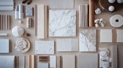 Poster - An overhead view of design materials like marble, fabric swatches, and wood samples, artfully arranged. The upper part of the image is clear for text.