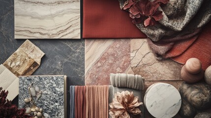 Poster - An overhead view of design materials like marble, fabric swatches, and wood samples, artfully arranged. The upper part of the image is clear for text.