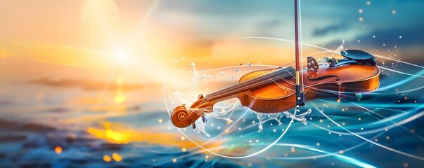 Canvas Print - Violin in Water Splash with Sunset Background.