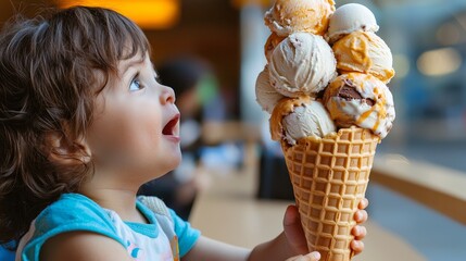 A photo of a young child gazing in awe at an enormous ice cream cone with multiple scoops.