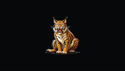 Wall Mural - Bobcat Sitting, Roaring Design with White Outline on Black Background