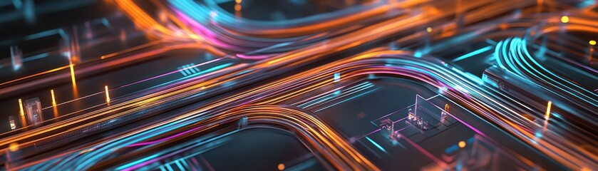 Poster - Complex  visualization of fiber-optic cables intertwining with telephone lines in an urban environment