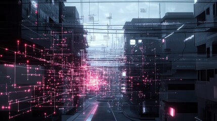 Poster - Complex 3D visualization of telephone lines with cables transforming into digital circuits