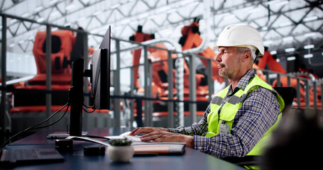 Poster - Engineer Using PC In Car Factory