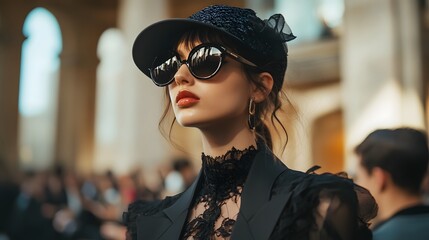 Sticker - Paris Fashion Week: A stylish model on the runway during Paris Fashion Week, with elegant designs and a glamorous audience.
