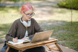 © Treerat - Young woman with a laptop and notes studying in the park for education in nature to relax and learn online.