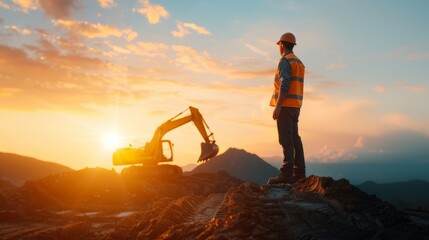 Construction Worker Overseeing Excavator at Sunset