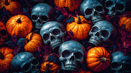 Wall Mural - halloween pattern with skulls and pumpkin