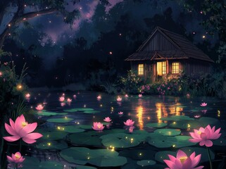 Poster - a wooden house with lights lit inside, beside a pond with beautiful lotus flowers floating at nightt