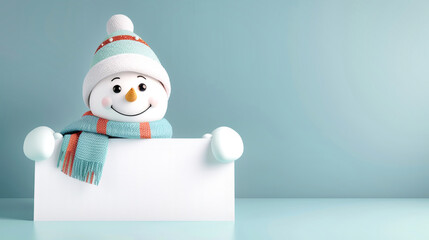 A smiling snowman in a hat and scarf peeks over the edge of a blank white sign, perfect for displaying your New Year's wishes or festive message