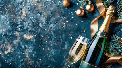 Wall Mural - New Year's Eve setting with champagne, wine glass, gold ornaments. Against dark blue background with gold glitter