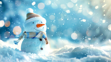 Wall Mural - A cheerful snowman stands proudly in a snowy landscape, wearing a cozy hat and scarf, as snowflakes gently fall around him