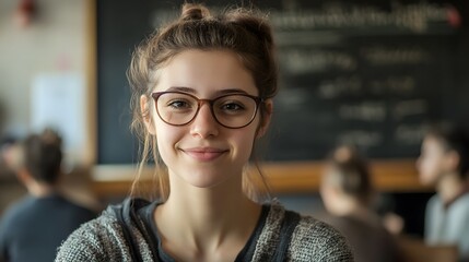 Teacher's Face in a Classroom: A teacher's face, warm and approachable, with a chalkboard behind and students blurred in the background.  
