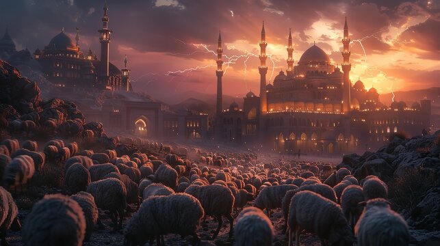 eid ul adha mubarak, happy eid al adha, sheeps with mosque in background. herd of sheep with islamic background