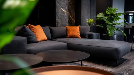 Sticker - large gray couch, orange pillow-topped table, corner plant