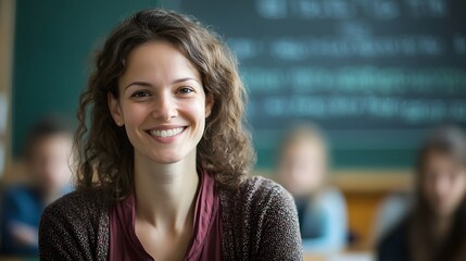 Teacher's Face in a Classroom: A teacher's face, warm and approachable, with a chalkboard behind and students blurred in the background.  
