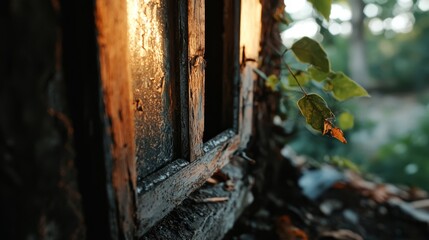 Wall Mural - a leaf rests on its sill, while the background features a tree with a soft, indistinct outline