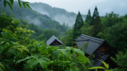 Wall Mural -  A few houses nestled atop a verdant forest, teeming with lush green trees Adjoining, a hillside draped in a forest cover