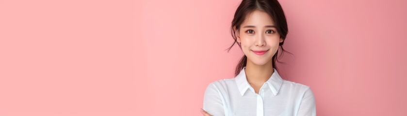 Smiling woman in white shirt on pink background