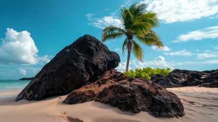 Poster -  A large rock atop a sandy beach, near a palm tree on the shore