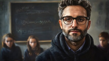 Teacher's Face in a Classroom: A teacher's face, warm and approachable, with a chalkboard behind and students blurred in the background.  
