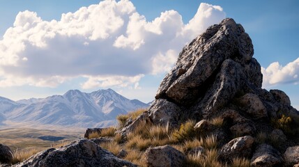 Wall Mural -  A rocky outcrop, dotted with grass and stones, lies before a backdrop of towering mountain ranges