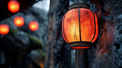 Canvas Print -  A tight shot of a lamp against a rough stone wall Backdrop radiates with red lights Tree stands near, in the foreground