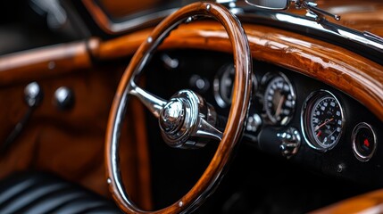 Wall Mural -  Close-up of a classic car's steering wheel and wood-paneled dashboard, displaying gauges