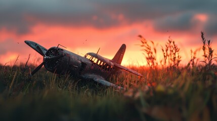 Wall Mural -  A plane rests in a tranquil field as the sun sinks low, painting the sky with warm hues; clouds gently drift above