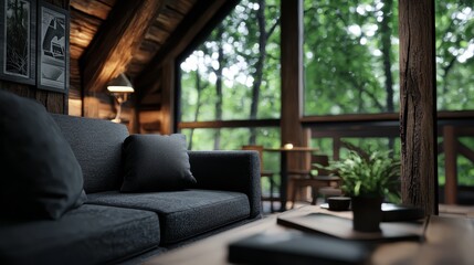 Canvas Print -  A couch faces a living room window Nearby, a table holds a potted plant